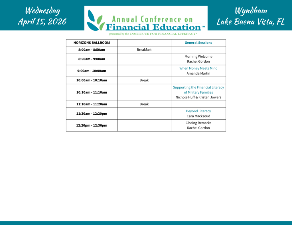 Schedule for the Annual Conference on Financial Education on July 15, 2016.